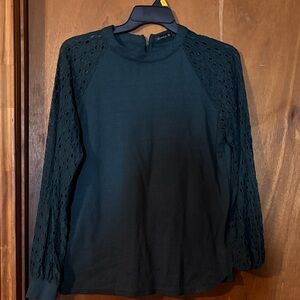 Madewell Dark Green Eyelet-Sleeve Long Sleeve Top